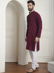 Men's Cotton Embroidered Sequinned Purple Kurta with white Churidaar Pyjama