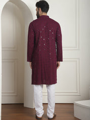 Men's Cotton Embroidered Sequinned Purple Kurta with white Churidaar Pyjama