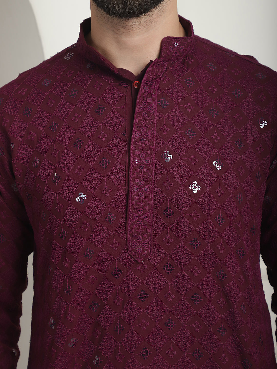 Men's Cotton Embroidered Sequinned Purple Kurta with white Churidaar Pyjama