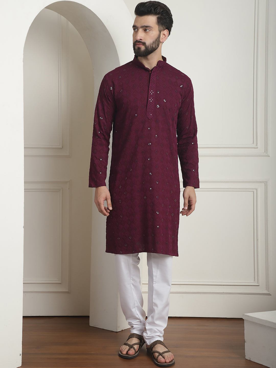 Men's Cotton Embroidered Sequinned Purple Kurta with white Churidaar Pyjama