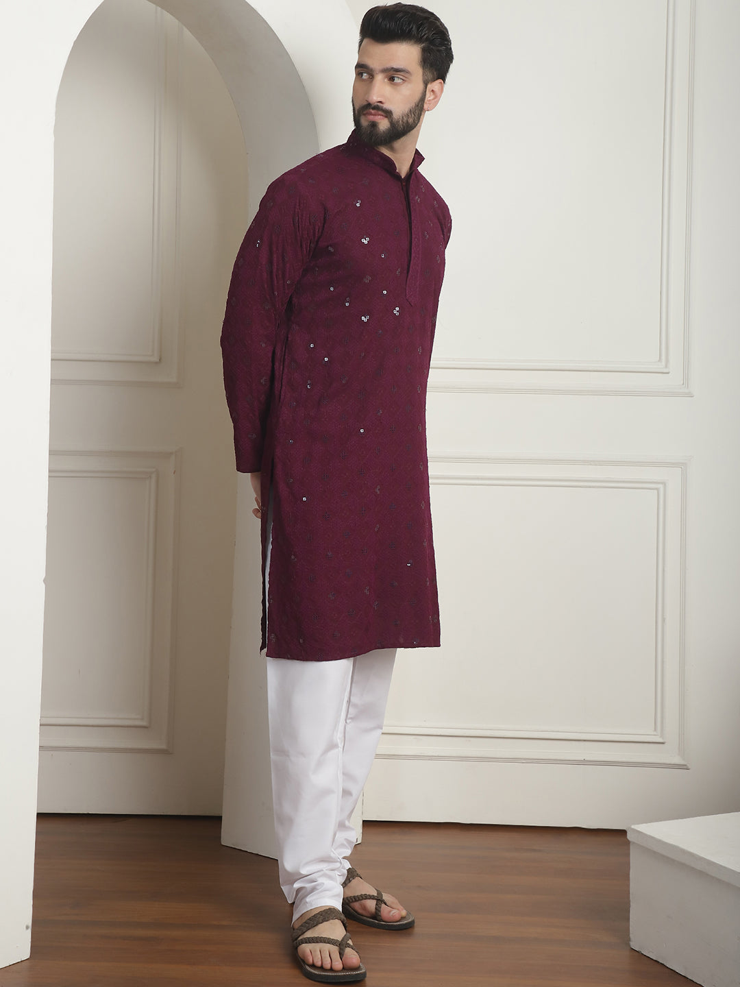 Men's Cotton Embroidered Sequinned Purple Kurta with white Churidaar Pyjama