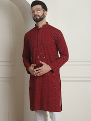 Men's Cotton Embroidered Sequinned Maroon Long Kurta