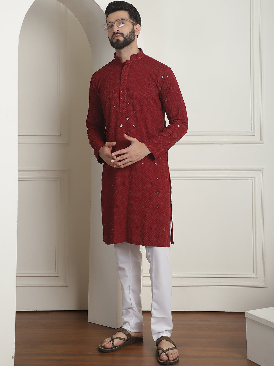 Men's Cotton Embroidered Sequinned Maroon Kurta with white Churidaar Pyjama