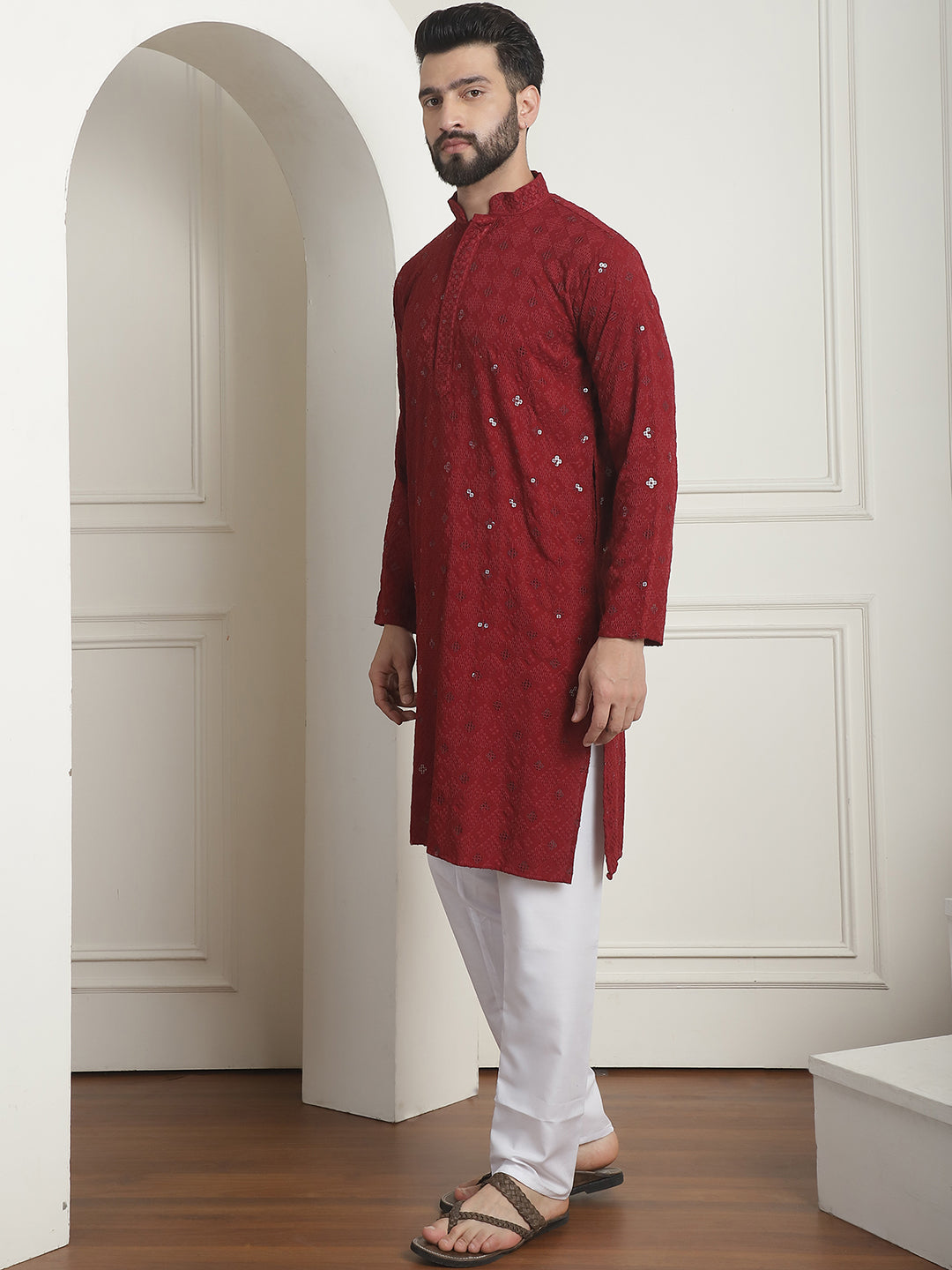 Men's Cotton Embroidered Sequinned Maroon Kurta with white Churidaar Pyjama