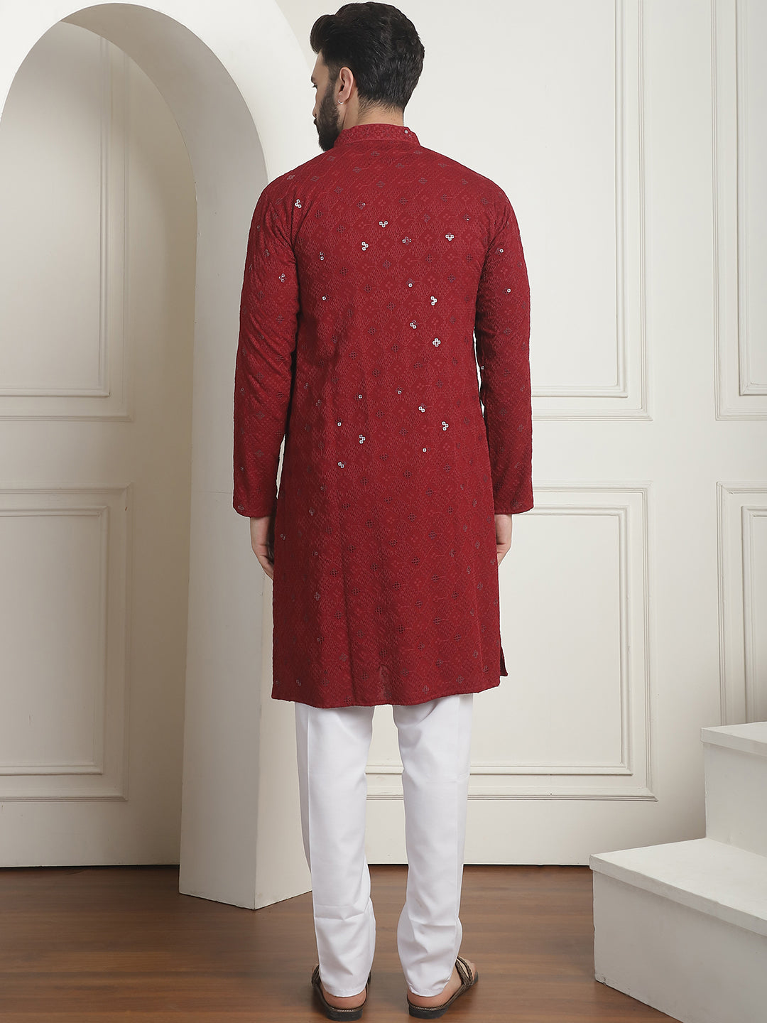 Men's Cotton Embroidered Sequinned Maroon Kurta with white Churidaar Pyjama