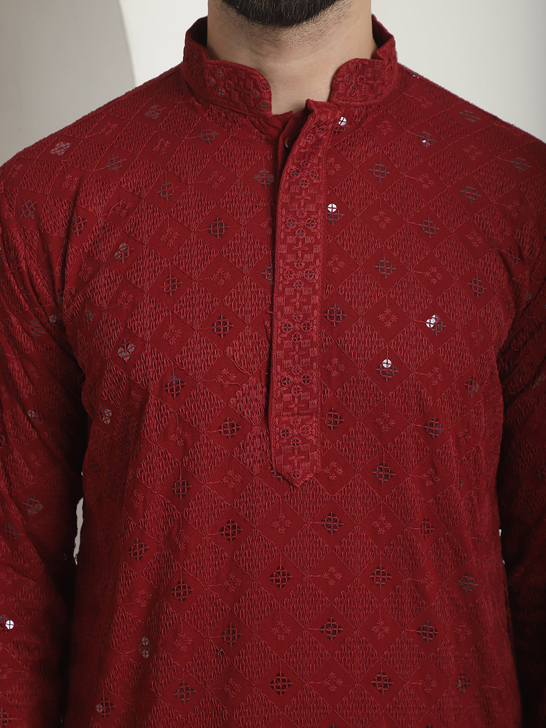 Men's Cotton Embroidered Sequinned Maroon Kurta with white Churidaar Pyjama