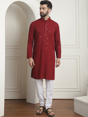 Men's Cotton Embroidered Sequinned Maroon Kurta with white Churidaar Pyjama