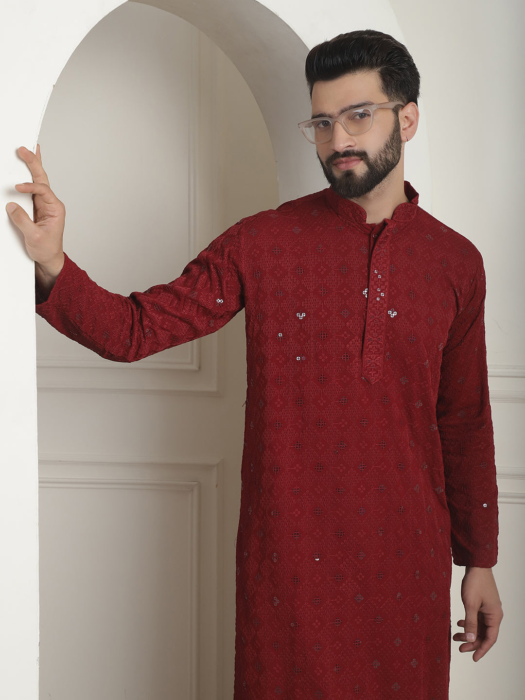 Men's Cotton Embroidered Sequinned Maroon Kurta with white Churidaar Pyjama