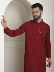 Men's Cotton Embroidered Sequinned Maroon Kurta with white Churidaar Pyjama