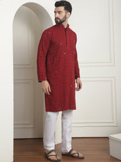 Men's Cotton Embroidered Sequinned Maroon Kurta with white Churidaar Pyjama