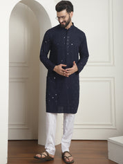 Men's Cotton Embroidered Sequinned Navy Blue Kurta with white Churidaar Pyjama