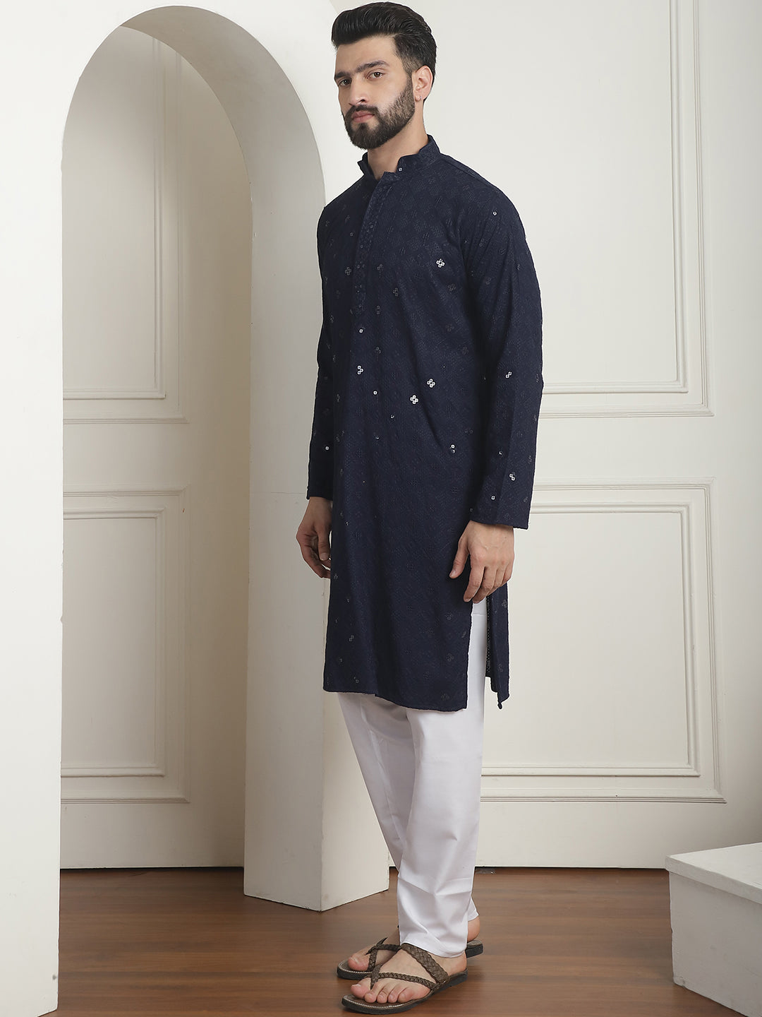 Men's Cotton Embroidered Sequinned Navy Blue Kurta with white Churidaar Pyjama