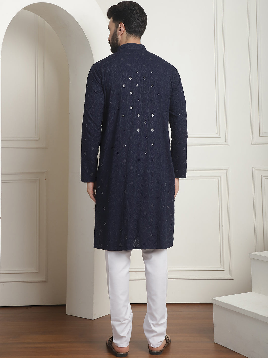 Men's Cotton Embroidered Sequinned Navy Blue Kurta with white Churidaar Pyjama