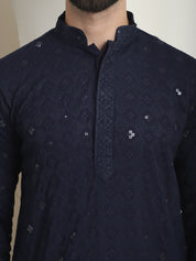 Men's Cotton Embroidered Sequinned Navy Blue Kurta with white Churidaar Pyjama