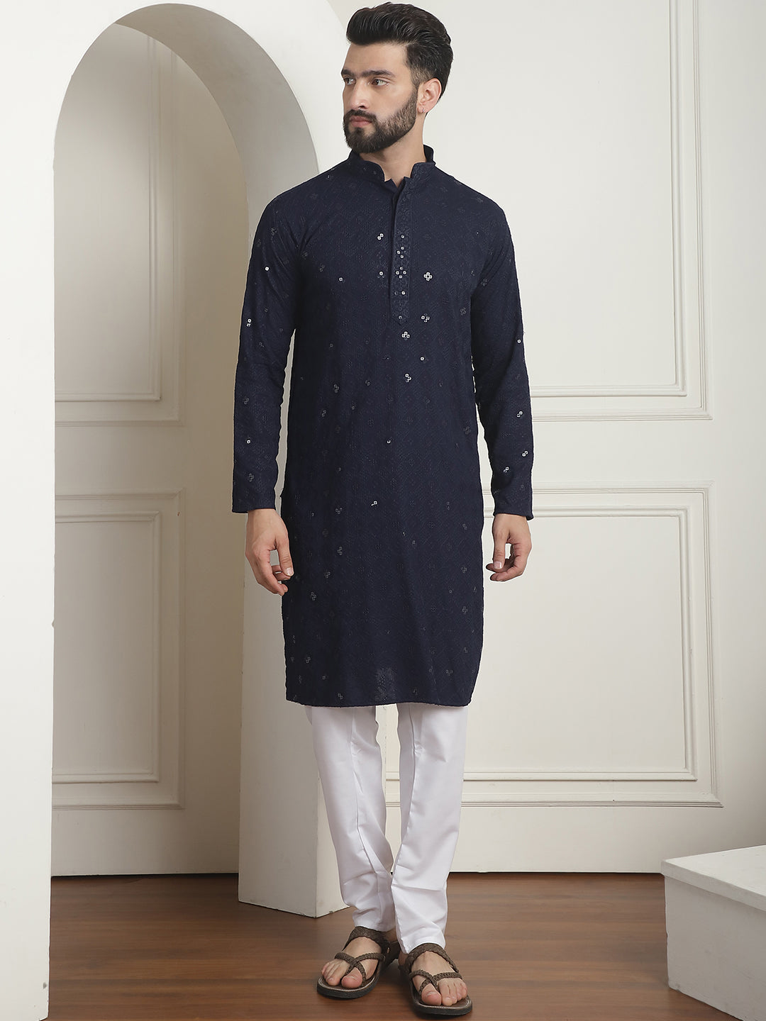 Men's Cotton Embroidered Sequinned Navy Blue Kurta with white Churidaar Pyjama