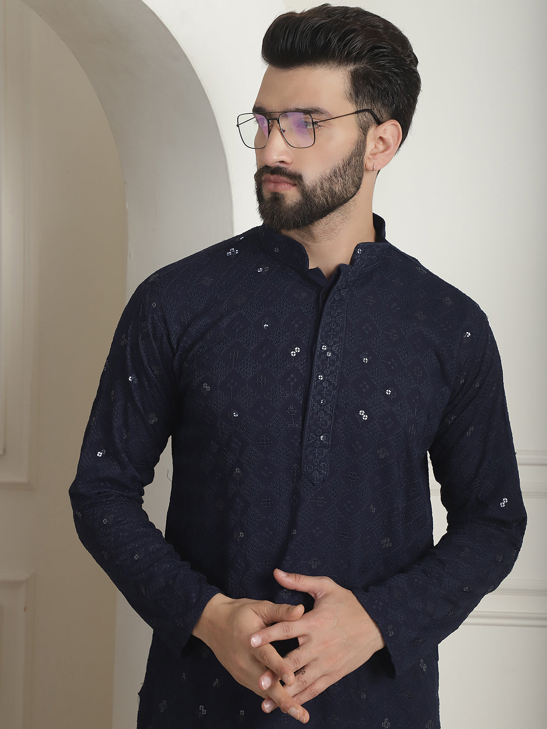 Men's Cotton Embroidered Sequinned Navy Blue Kurta with white Churidaar Pyjama