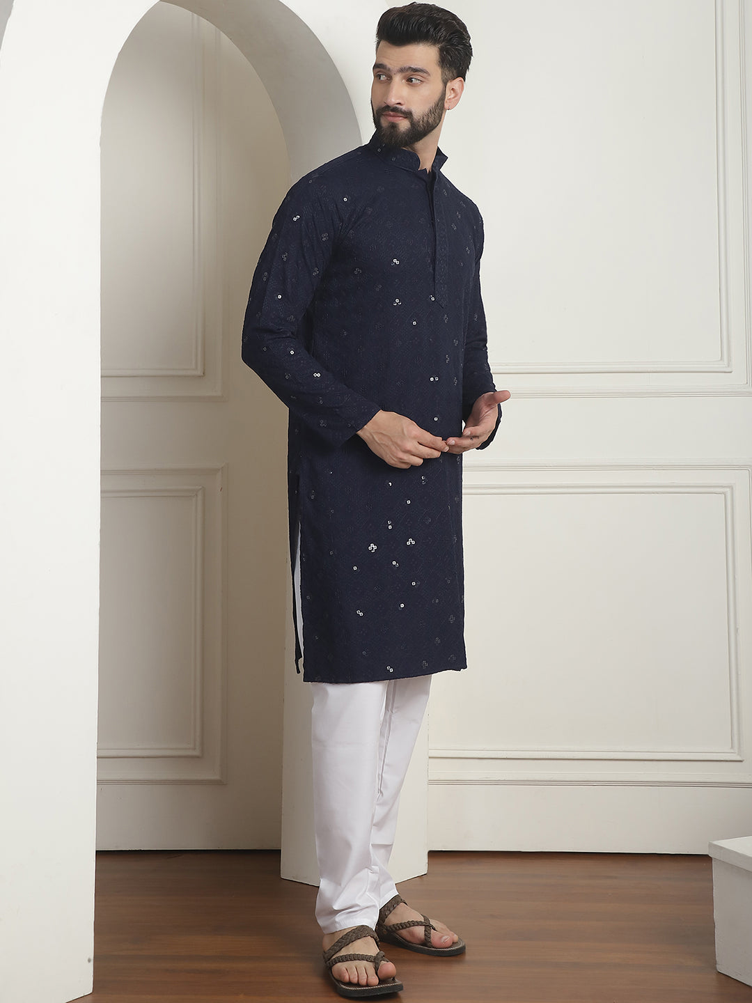 Men's Cotton Embroidered Sequinned Navy Blue Kurta with white Churidaar Pyjama