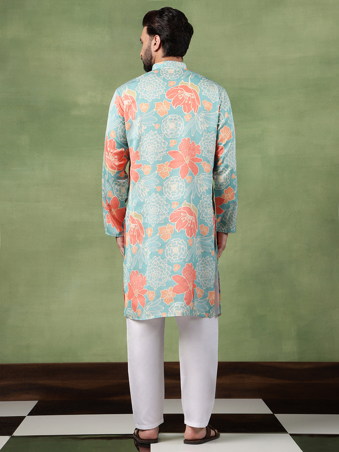 Men's Cotton Green Long Kurta Featuring All-Over Floral Print