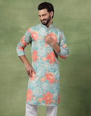 Men's Cotton Green Long Kurta Featuring All-Over Floral Print