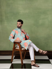 Men's Cotton Green Long Kurta Featuring All-Over Floral Print
