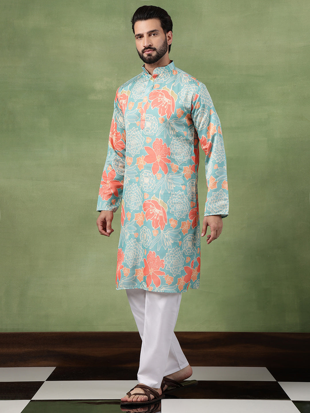 Men's Cotton All-Over Floral Print Green Kurta With Pyjama