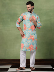 Men's Cotton All-Over Floral Print Green Kurta With Pyjama