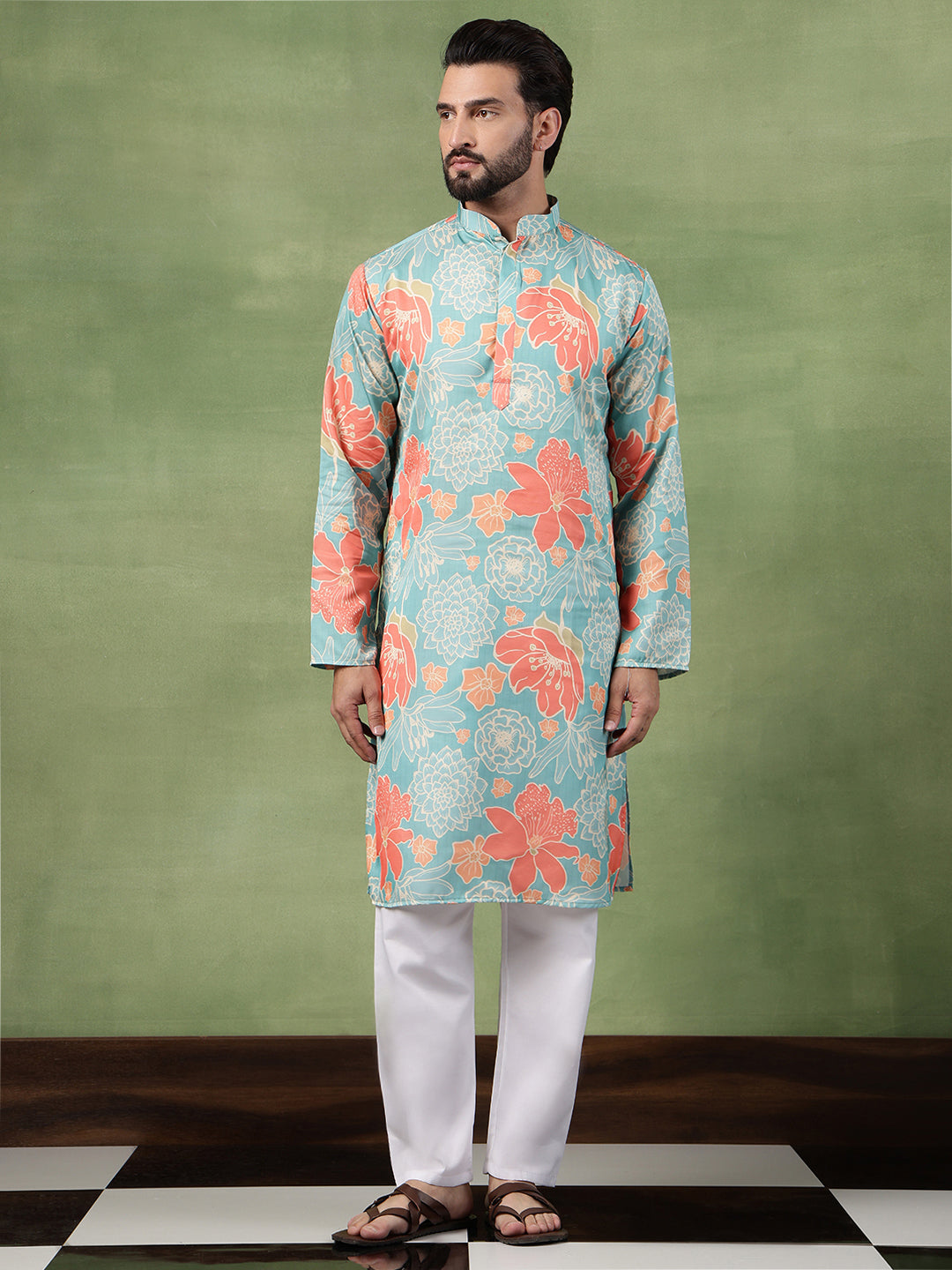 Men's Cotton All-Over Floral Print Green Kurta With Pyjama