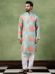 Men's Cotton All-Over Floral Print Green Kurta With Pyjama