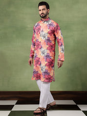 Men's Cotton Pink Long Kurta with Multicolor Bold Floral Print