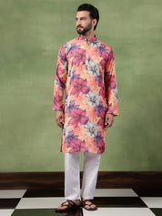 Men's Cotton Pink Long Kurta with Multicolor Bold Floral Print