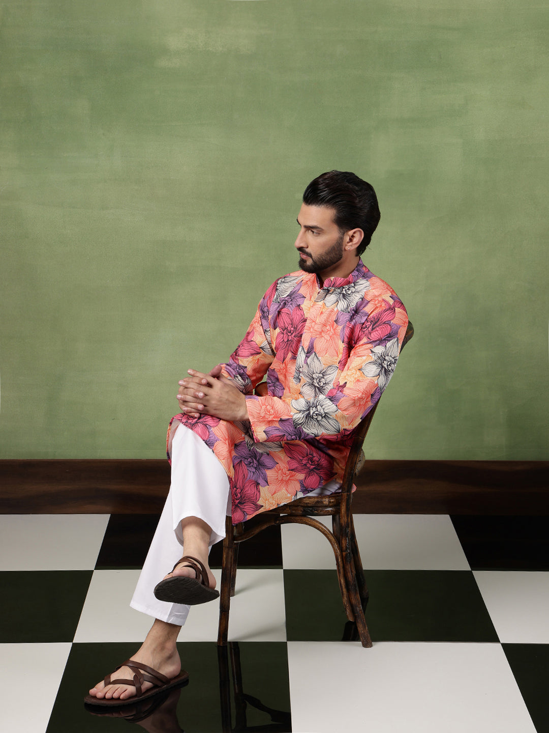 Men's Cotton Multicolor Bold Floral Print Pink Kurta With Pyjama