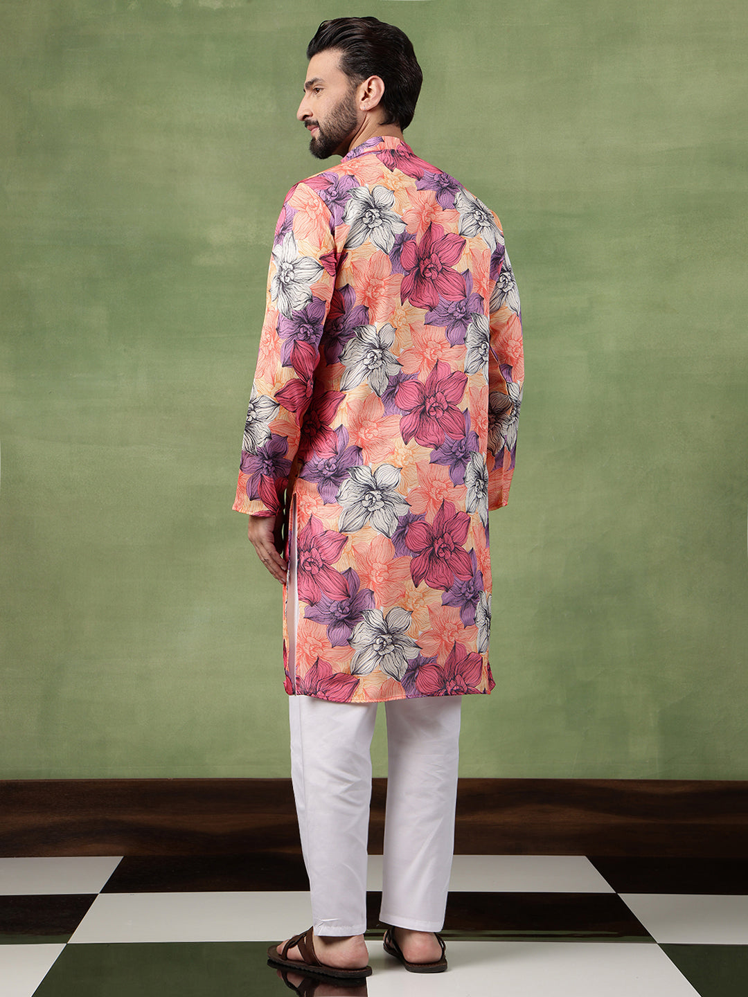 Men's Cotton Multicolor Bold Floral Print Pink Kurta With Pyjama