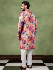 Men's Cotton Multicolor Bold Floral Print Pink Kurta With Pyjama