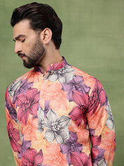 Men's Cotton Multicolor Bold Floral Print Pink Kurta With Pyjama
