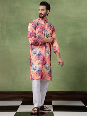 Men's Cotton Multicolor Bold Floral Print Pink Kurta With Pyjama