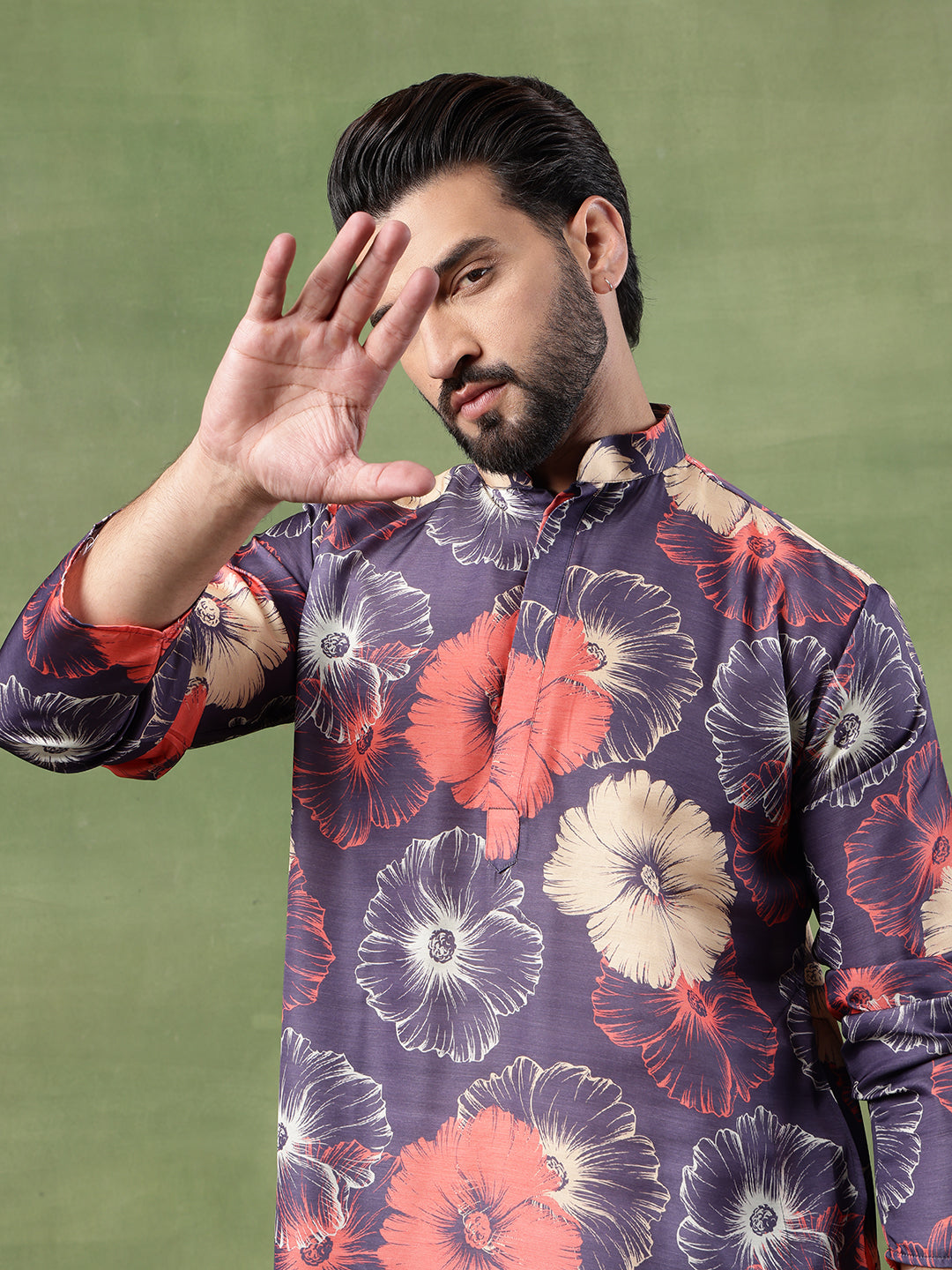 Men's Cotton Navy Long Kurta Featuring Bold Floral Print