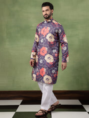 Men's Cotton Navy Long Kurta Featuring Bold Floral Print