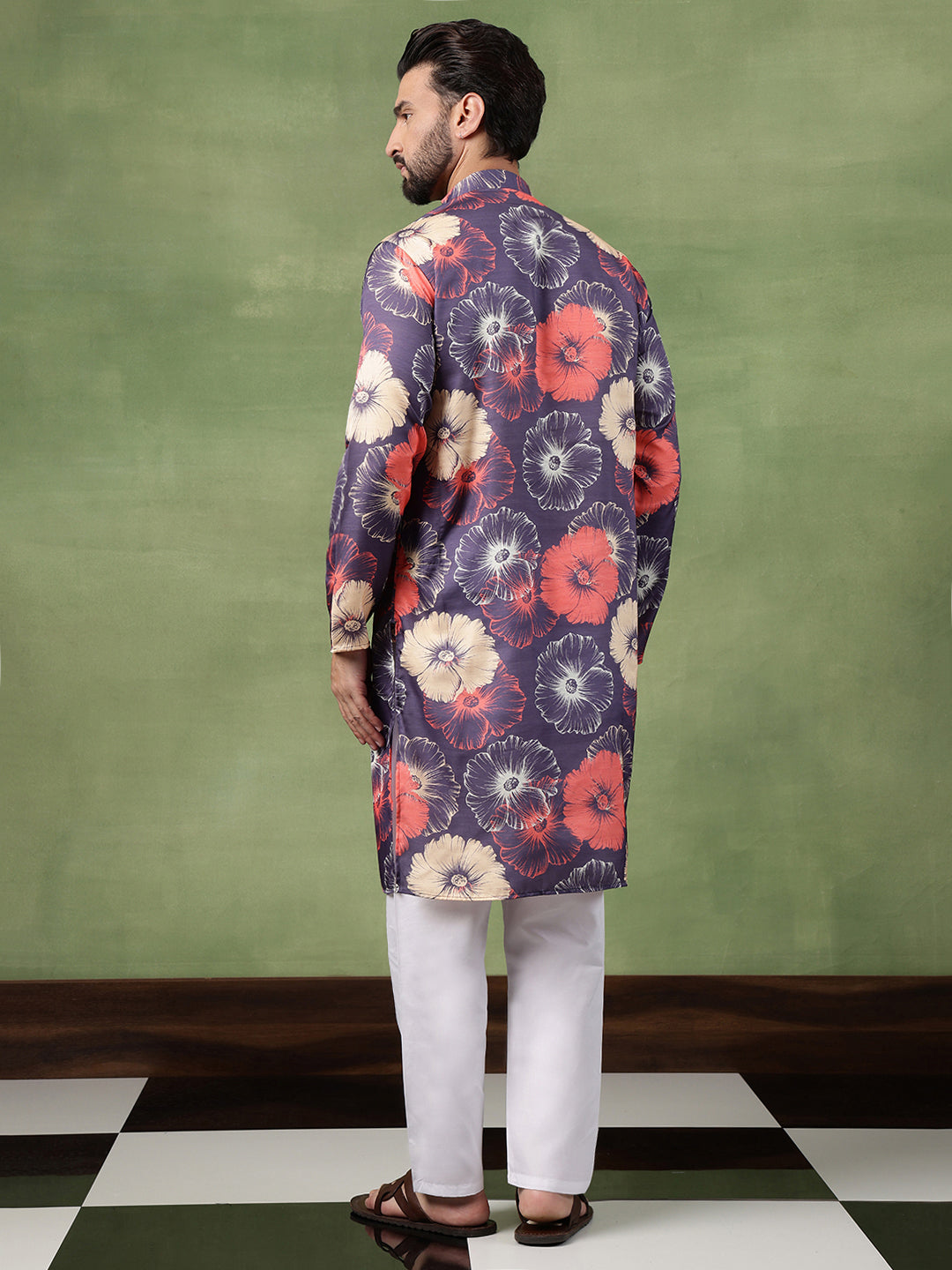 Men's Cotton Navy Long Kurta Featuring Bold Floral Print