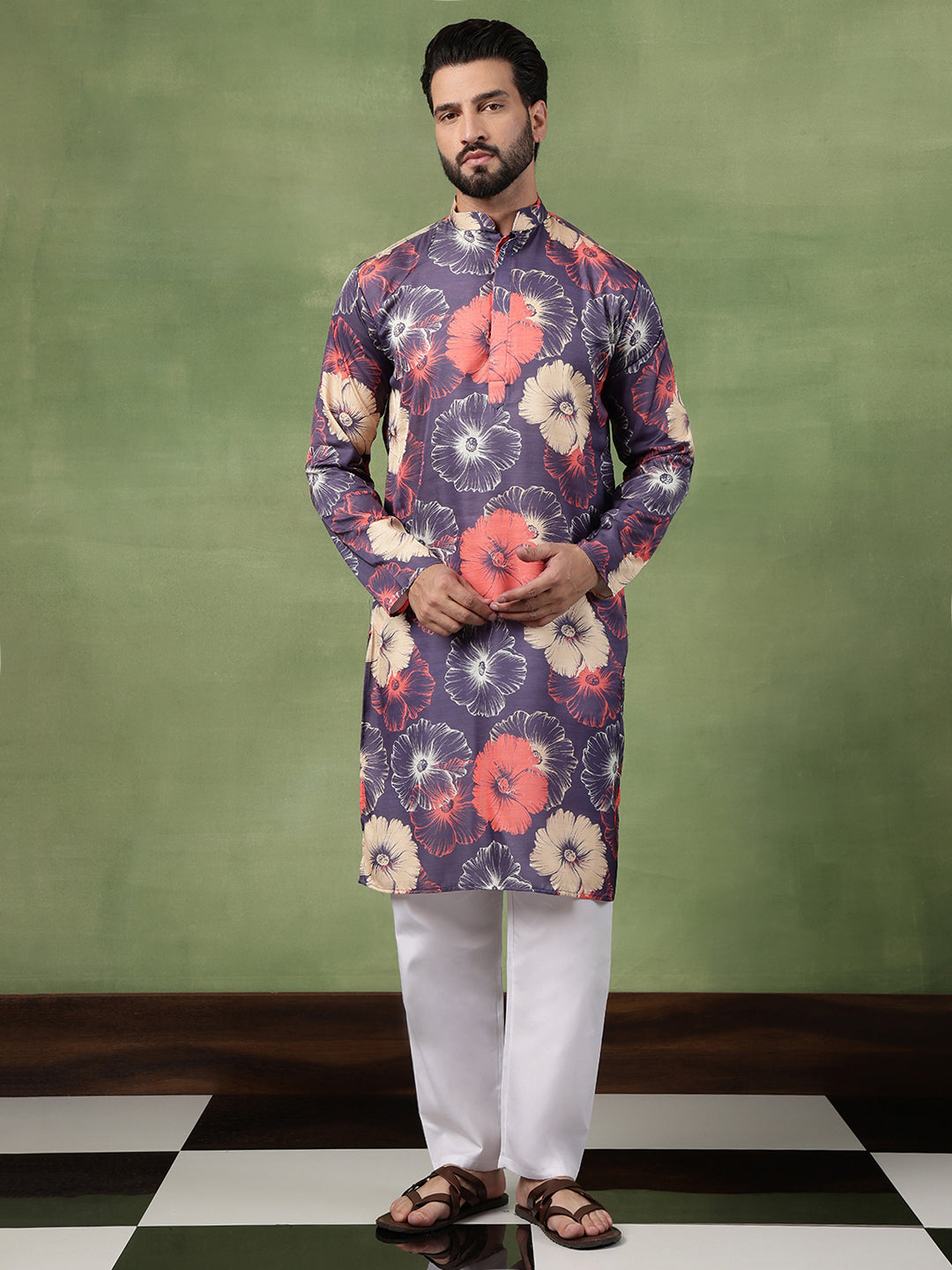 Men's Cotton Navy Long Kurta Featuring Bold Floral Print
