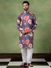 Men's Cotton Navy Long Kurta Featuring Bold Floral Print