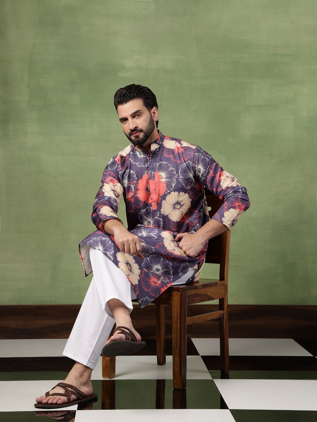 Men's Cotton Navy Long Kurta Featuring Bold Floral Print