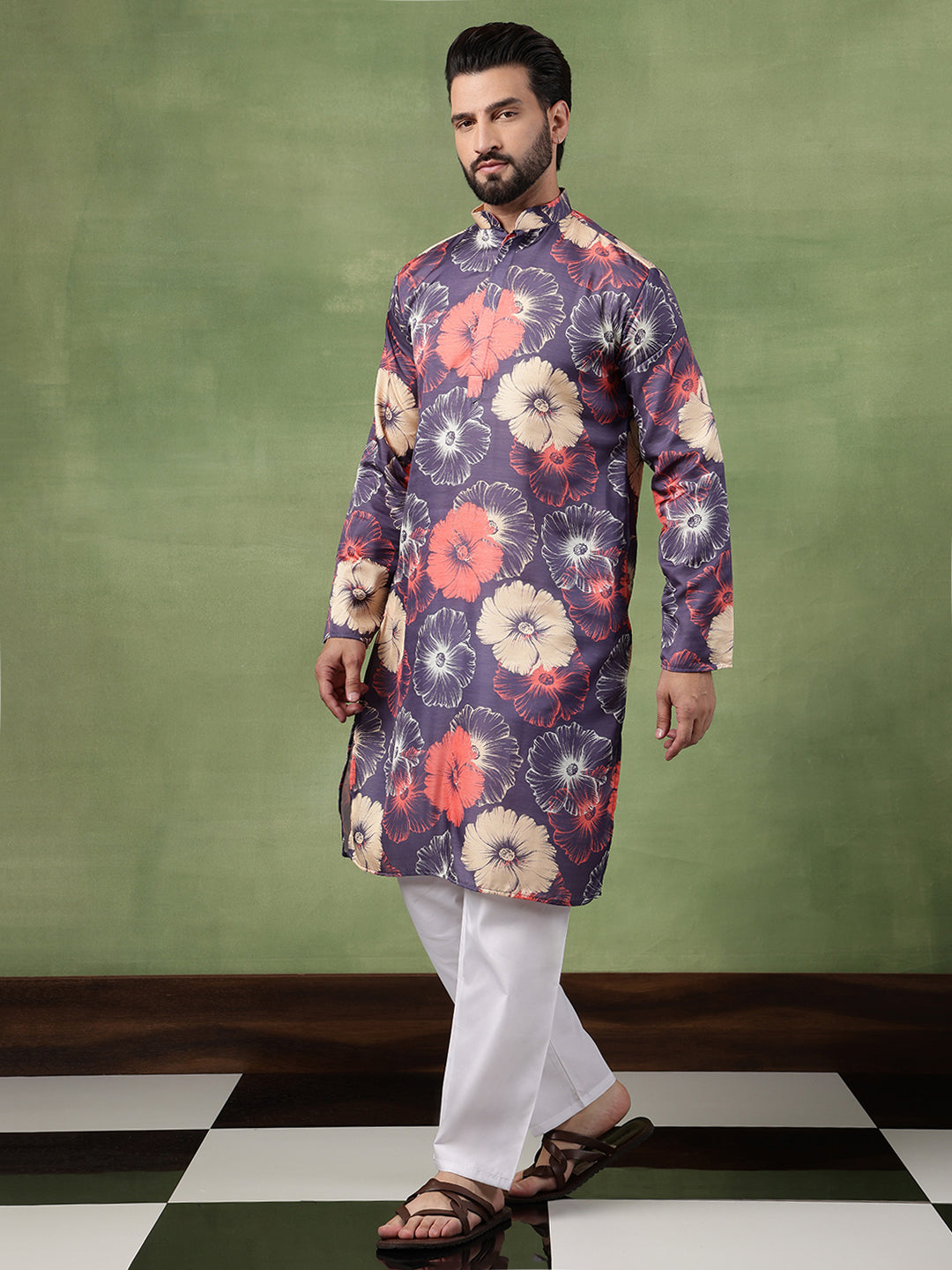 Men's Cotton Bold Floral Print Navy Kurta With White Pyjama