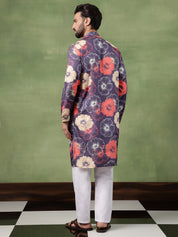 Men's Cotton Bold Floral Print Navy Kurta With White Pyjama