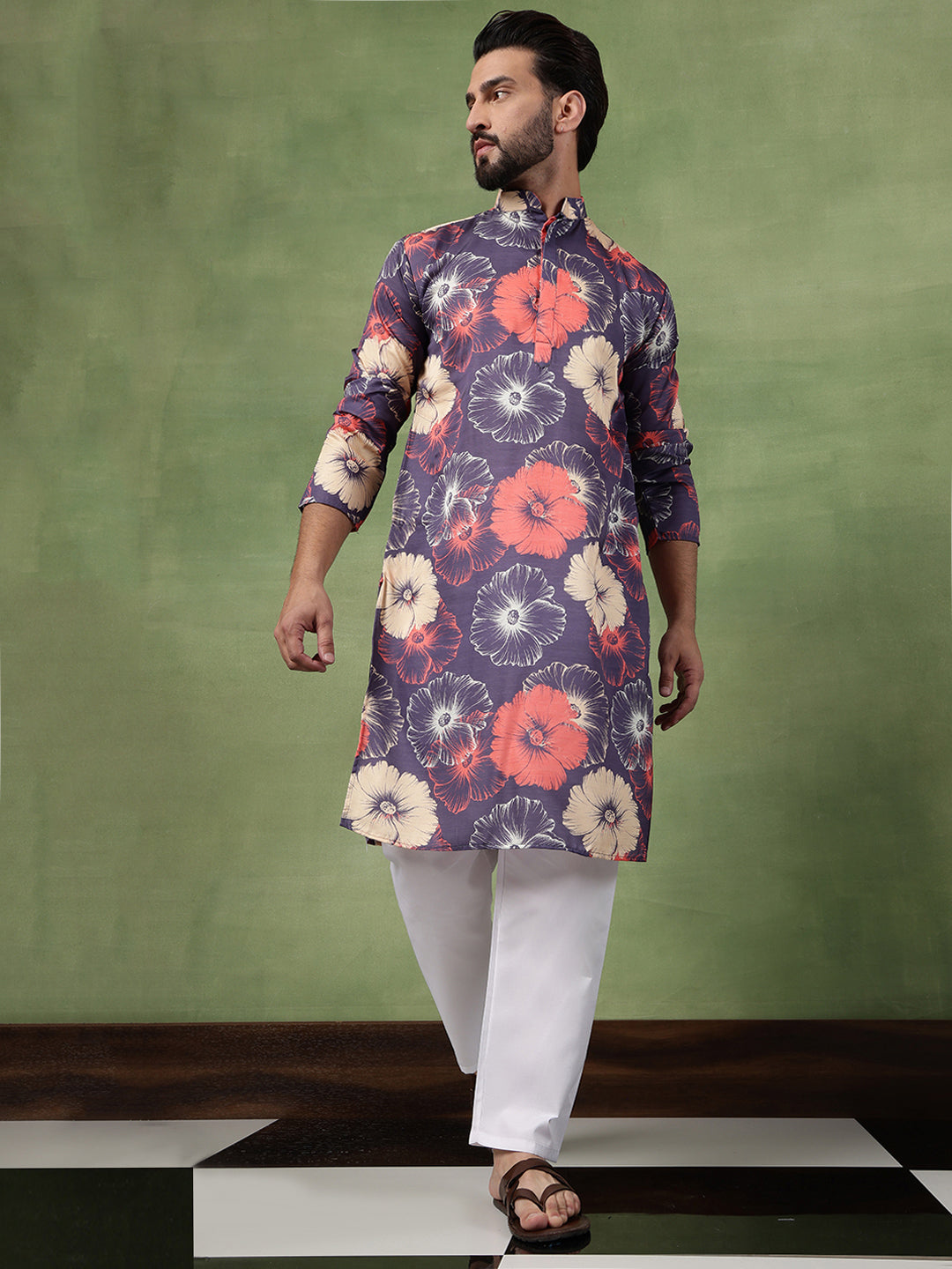 Men's Cotton Bold Floral Print Navy Kurta With White Pyjama