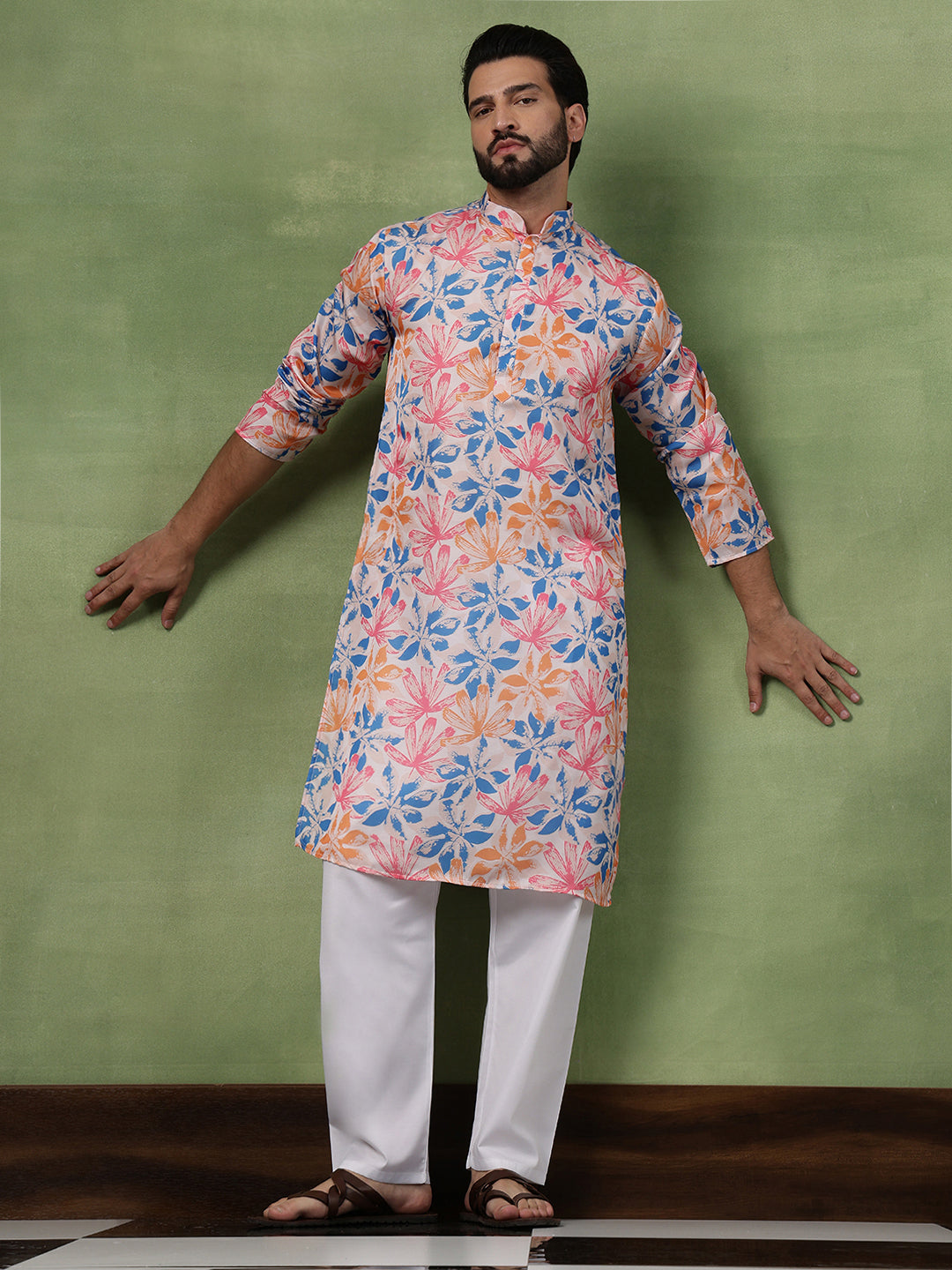 Men's Cotton White Long Kurta with Multicolor Bold Floral Print