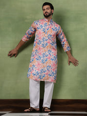 Men's Cotton White Long Kurta with Multicolor Bold Floral Print