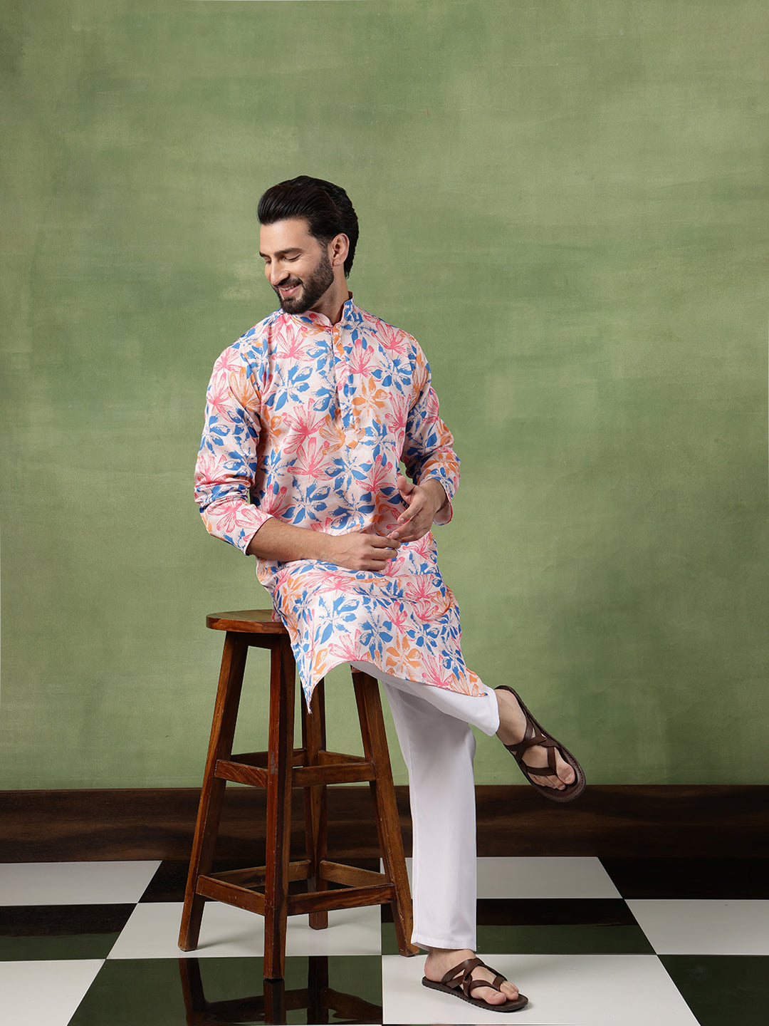 Men's Cotton White Long Kurta with Multicolor Bold Floral Print