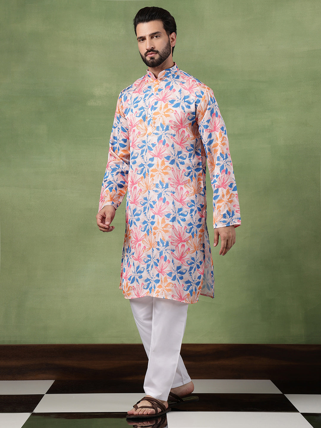 Men's Cotton Multicolor Bold Floral Print White Kurta With Pyjama