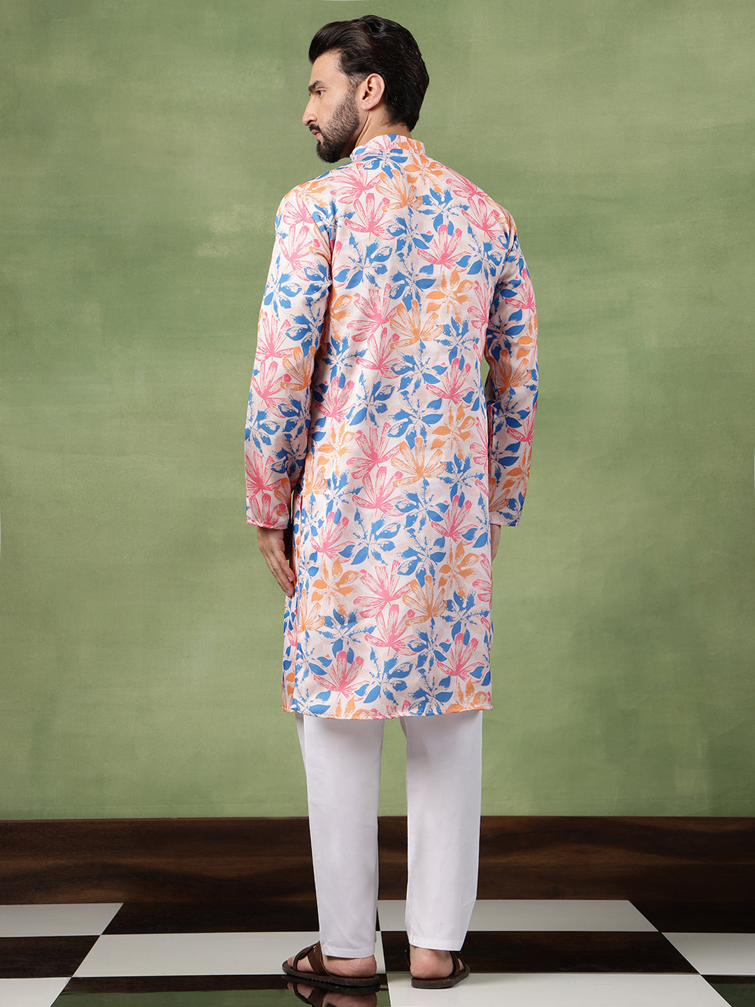Men's Cotton Multicolor Bold Floral Print White Kurta With Pyjama