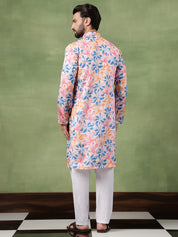 Men's Cotton Multicolor Bold Floral Print White Kurta With Pyjama